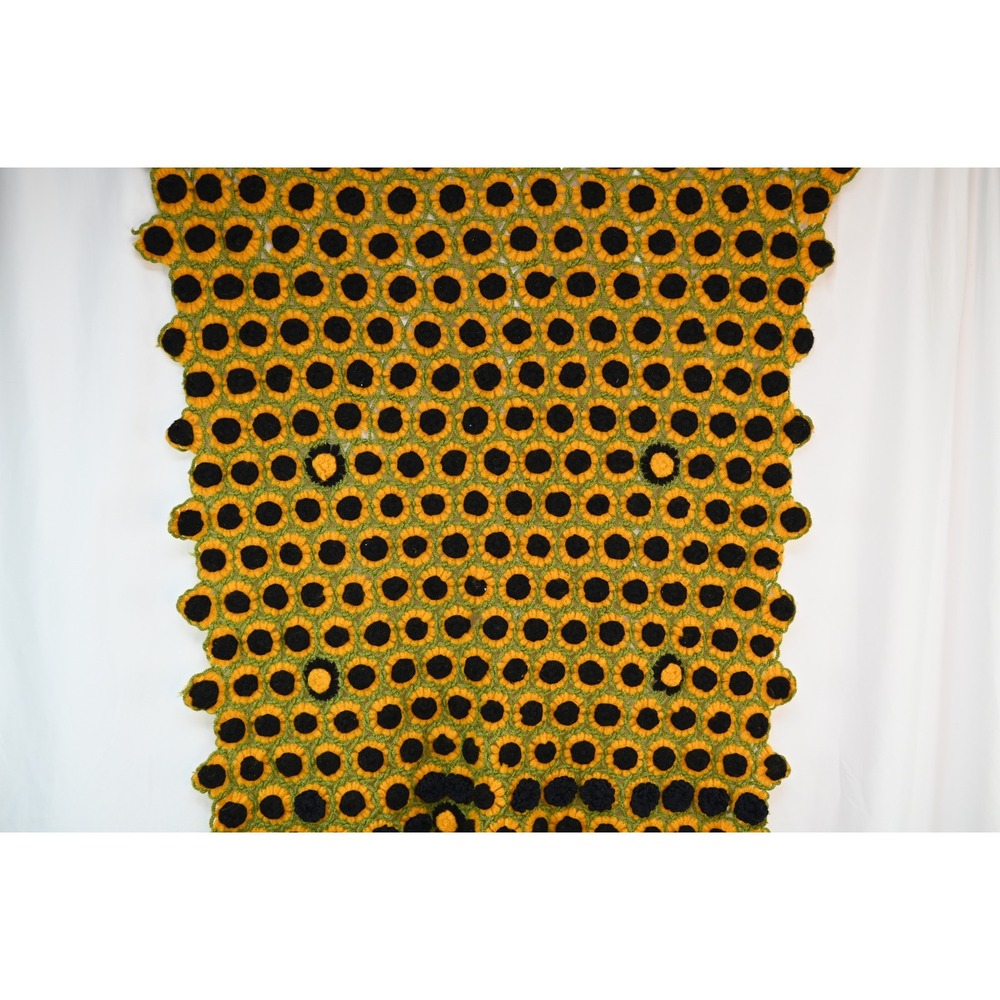 Vintage Handmade Crochet Sunflower Lap Blanket Black Yellow Green 35x50 Boho